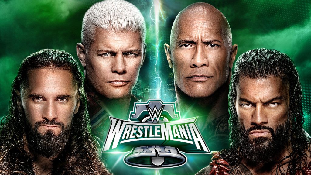 Wrestlemania 40 ad featuring Seth Rollins, Cody Rhodes, The Rock, and Roman Reigns.